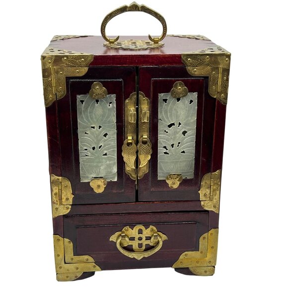Vintage Chinese Jewelry Box W/ Jade Inlay & Brass Accents 5 Drawers Red Lacquere - Picture 1 of 13